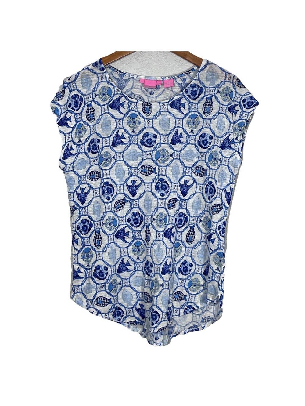 Isaac Mizrahi New York Women’s L 100% Linen Blue White Fish Print Short Sleeve